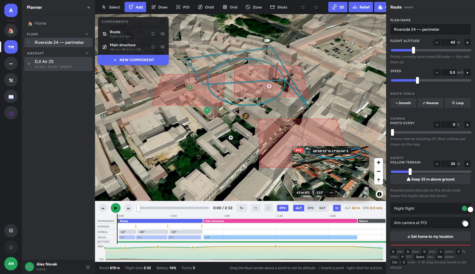 Mission planner with a 3D map, flight path and timeline